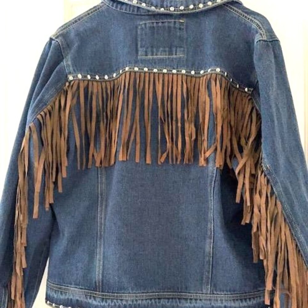 Yellow Stone Dutton Ranch Fringe Studded Denim Jacket Cowgirl Western - Picture 3 of 14